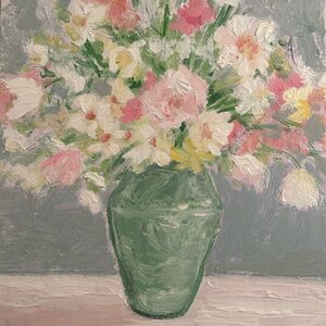 Soft Floral original Painting with Green Vase shabby chic pink yellow blue white